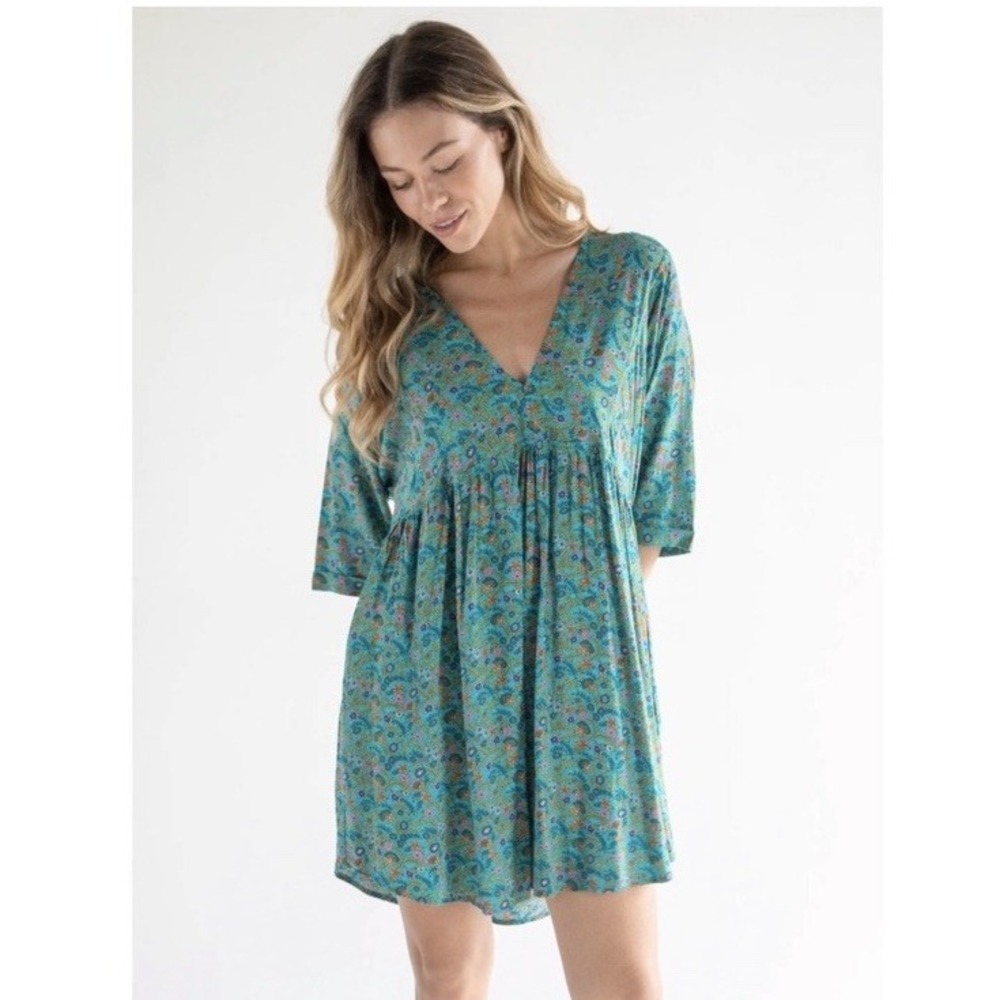 Natural Life Stella Mini Dress Turquoise Ditsy Vines Boho Prairie Babydoll XL